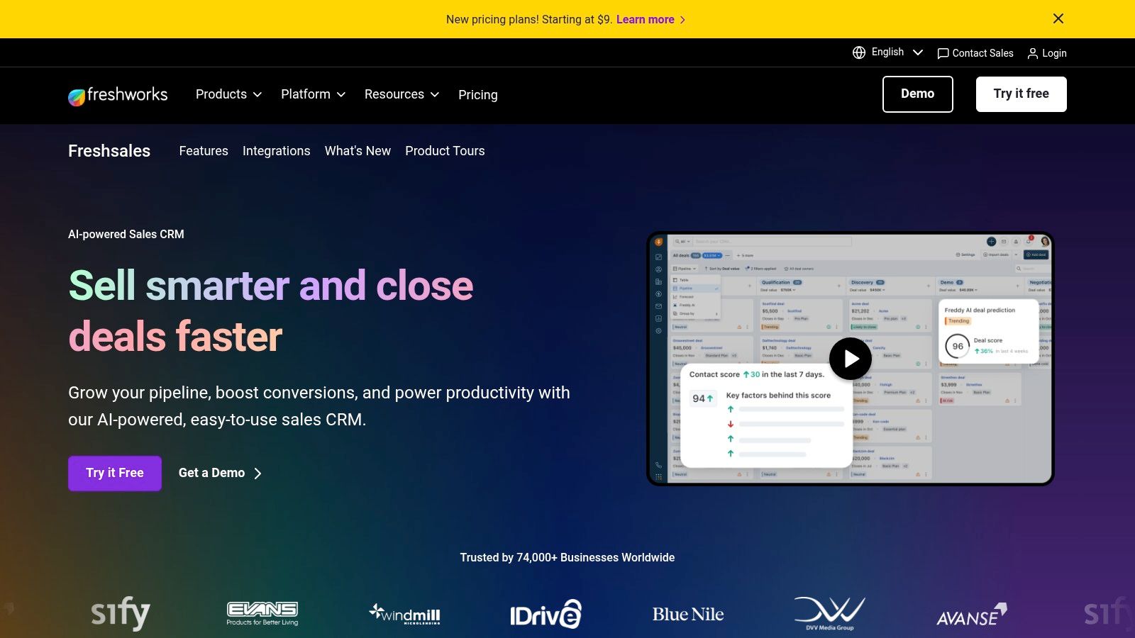 Freshsales (Freshworks) CRM showing a sales pipeline and deal management view.