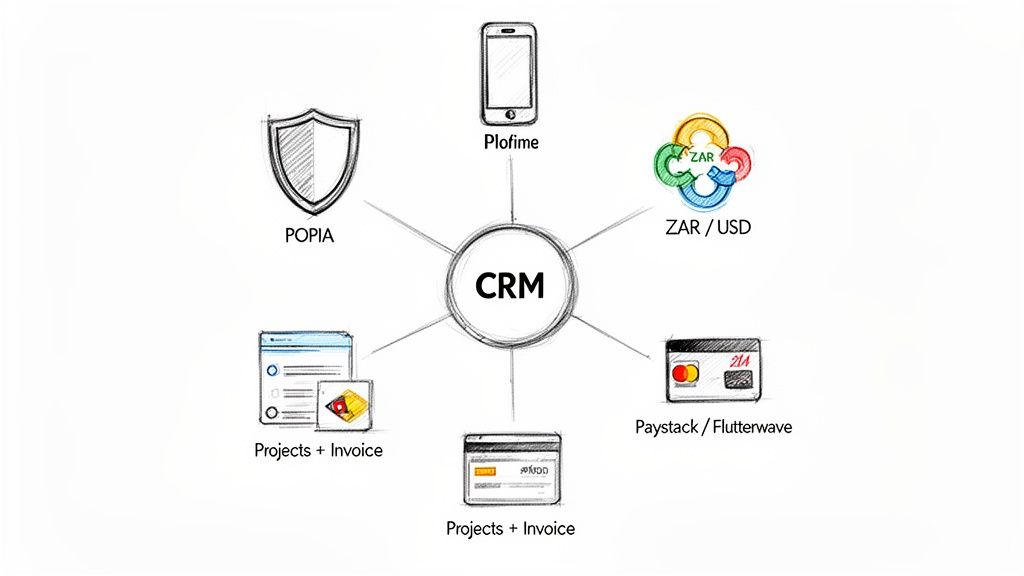 Diagram illustrating a CRM system's integration with privacy compliance, mobile apps, currency exchange, payment gateways, and project invoicing.
