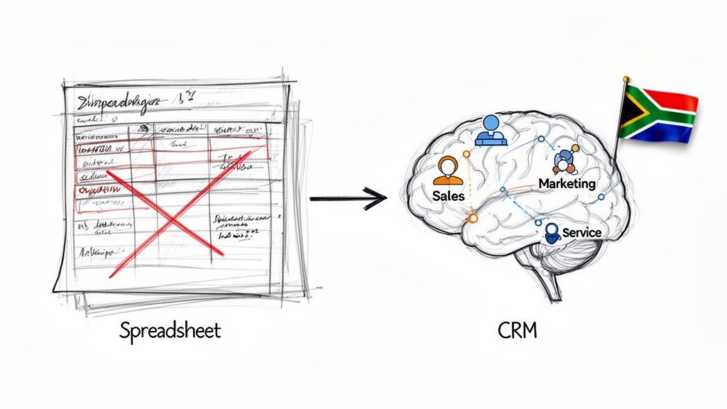 Illustrates the transformation from chaotic spreadsheets to an integrated CRM system for sales, marketing, and service, with a South African flag.