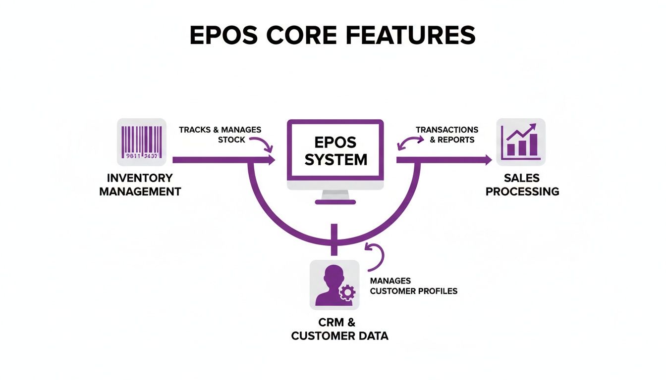 A diagram illustrating the core features of an EPOS system, including inventory management, sales processing, and CRM.