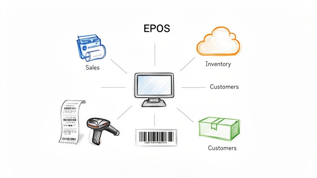 Diagram illustrating an EPOS system connecting to sales, inventory, customers, and barcode scanning.