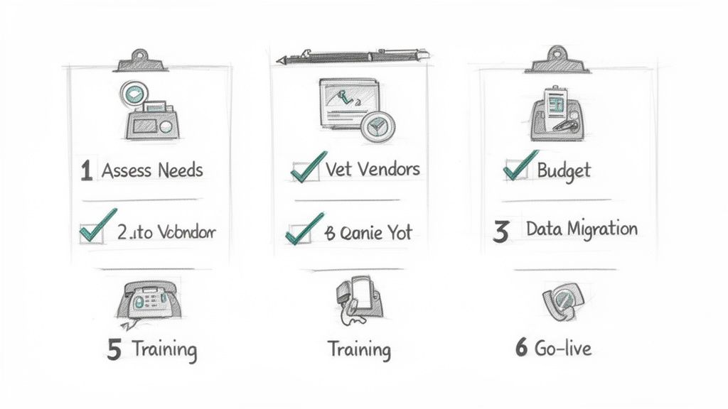 A visual checklist outlining key implementation steps for an electronic point of sale system, including needs, vendors, budget, and training.