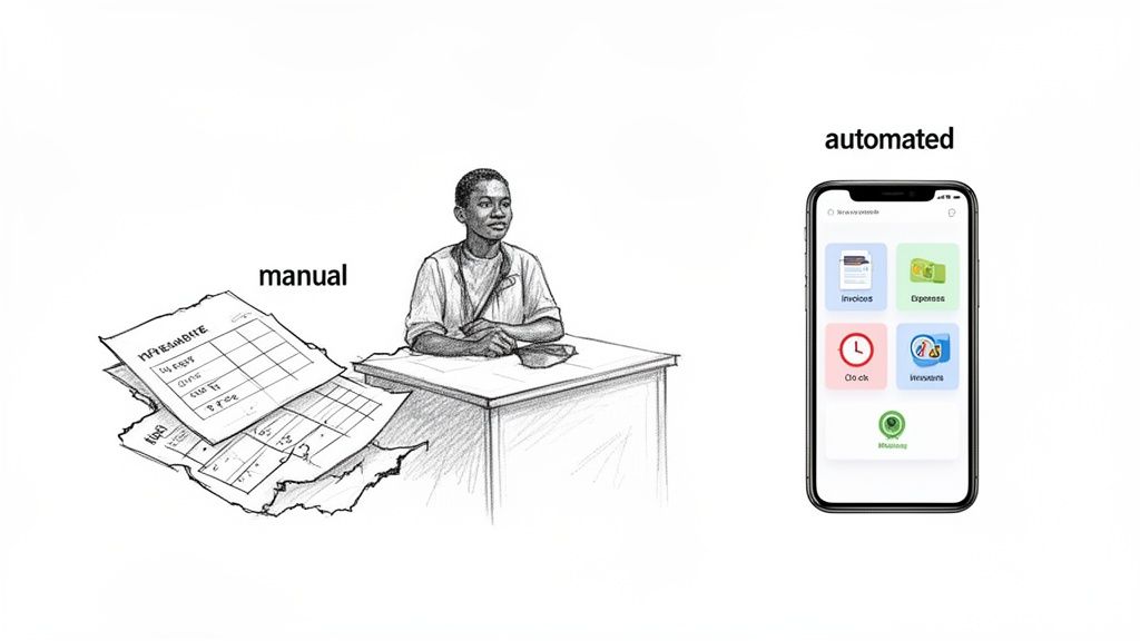 A stark contrast between manual paper-based accounting and an automated digital financial management app on a smartphone.