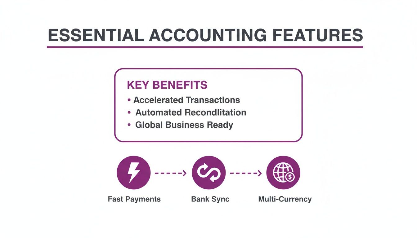 Essential accounting features and key benefits: accelerated transactions, automated reconciliation, fast payments, bank sync, and multi-currency support.