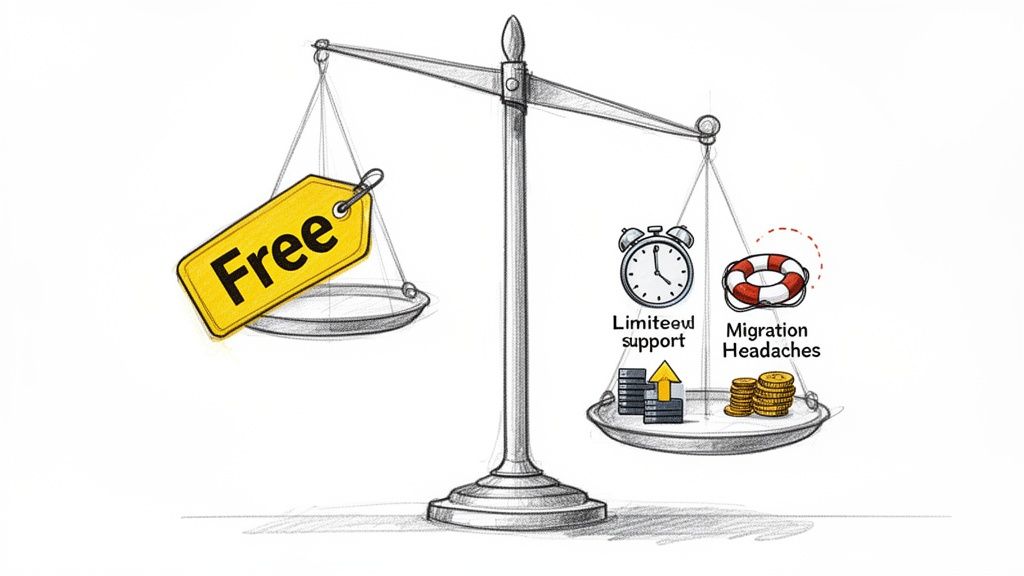 A balance scale weighing 'Free' against 'limited support, migration headaches, and hidden costs'.