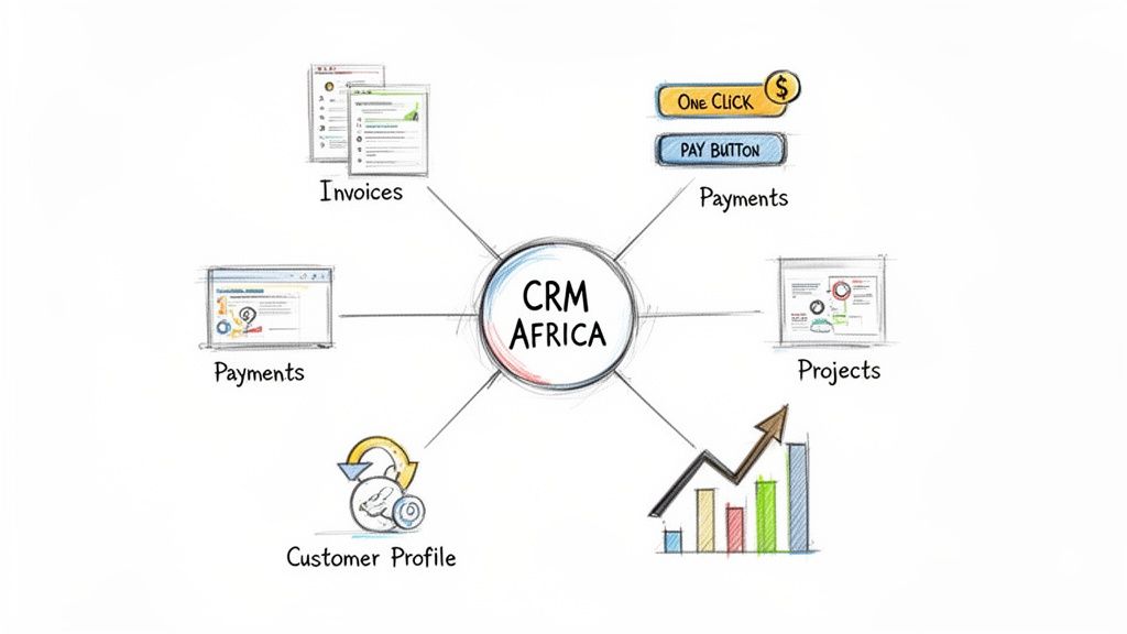 A diagram illustrating CRM Africa's features: invoices, payments, projects, customer profiles, and growth charts.