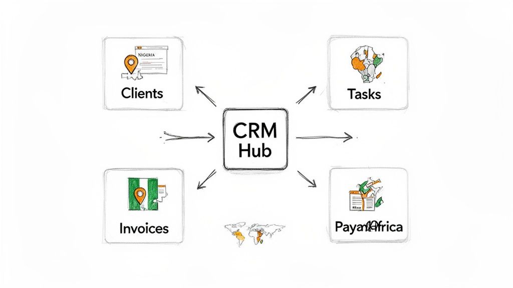 CRM Hub diagram centralizing client management, tasks, invoices, and payment processing with global reach.