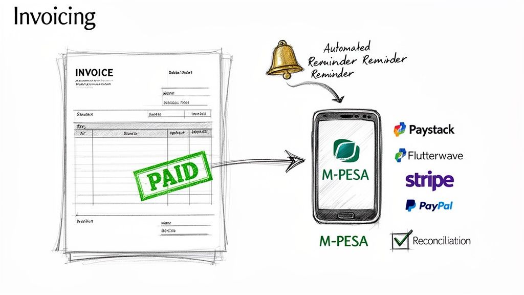 Invoicing process with automated reminders, M-PESA payments, and reconciliation using multiple gateways.