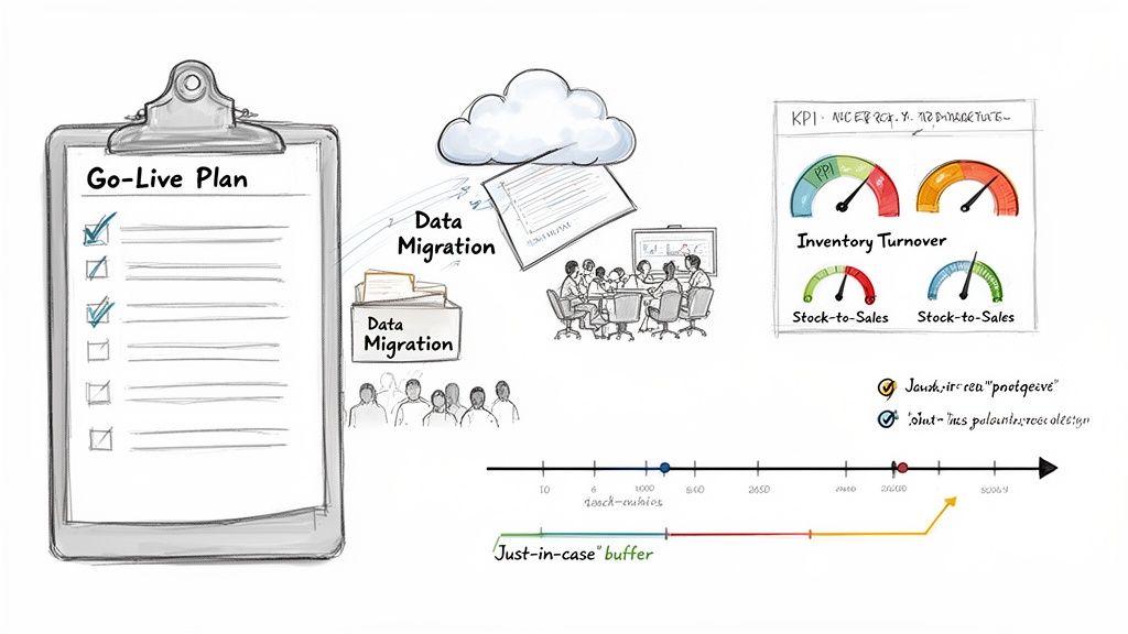 Infographic detailing a go-live plan, cloud data migration, KPI dashboard, and just-in-case buffer strategy.