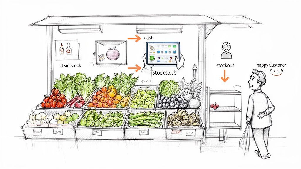 A sketch of a produce stand demonstrating inventory management with dead stock, stockouts, and a digital tablet system.