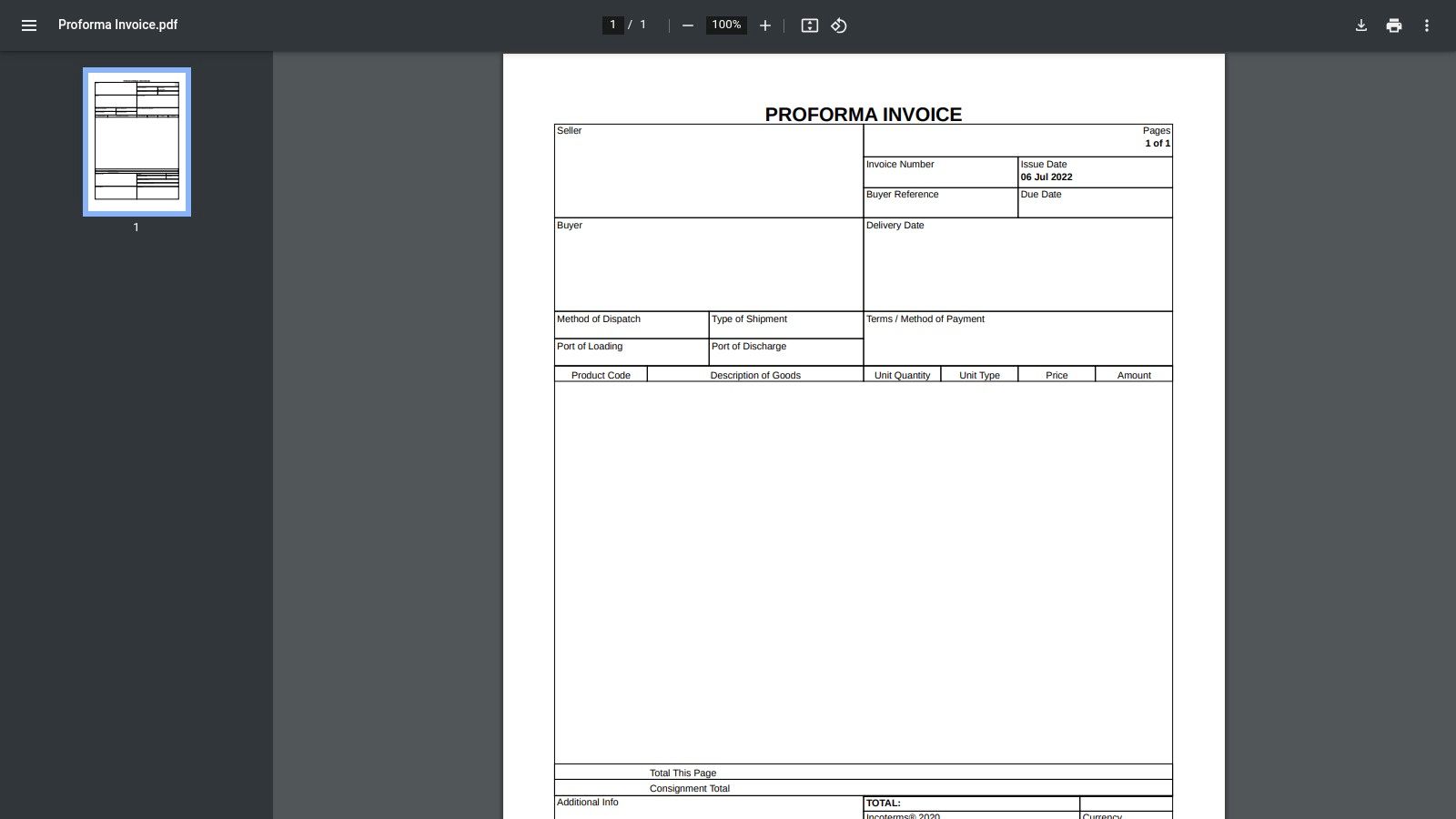 IncoDocs – Proforma Invoice Template (Trade/Export Focus)