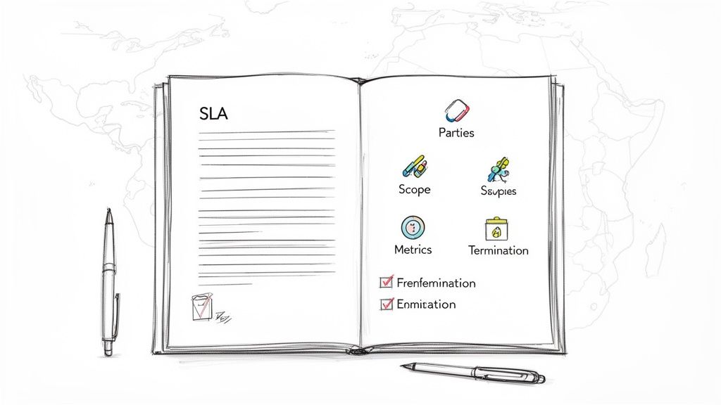 An open book titled 'SLA' with sections for Parties, Scope, Supplies, Metrics, and Termination, along with pens.