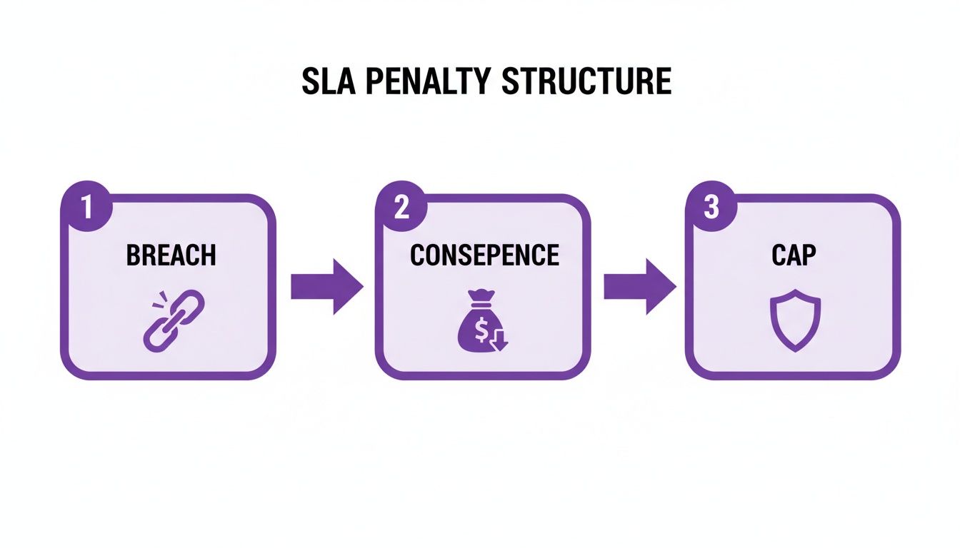 A flowchart illustrating the SLA penalty structure, showing steps for Breach, Consequence, and Cap.
