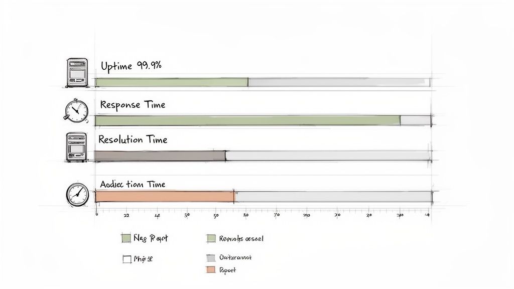 A bar chart displaying IT service level agreement metrics like uptime, response, resolution, and adjudication times.