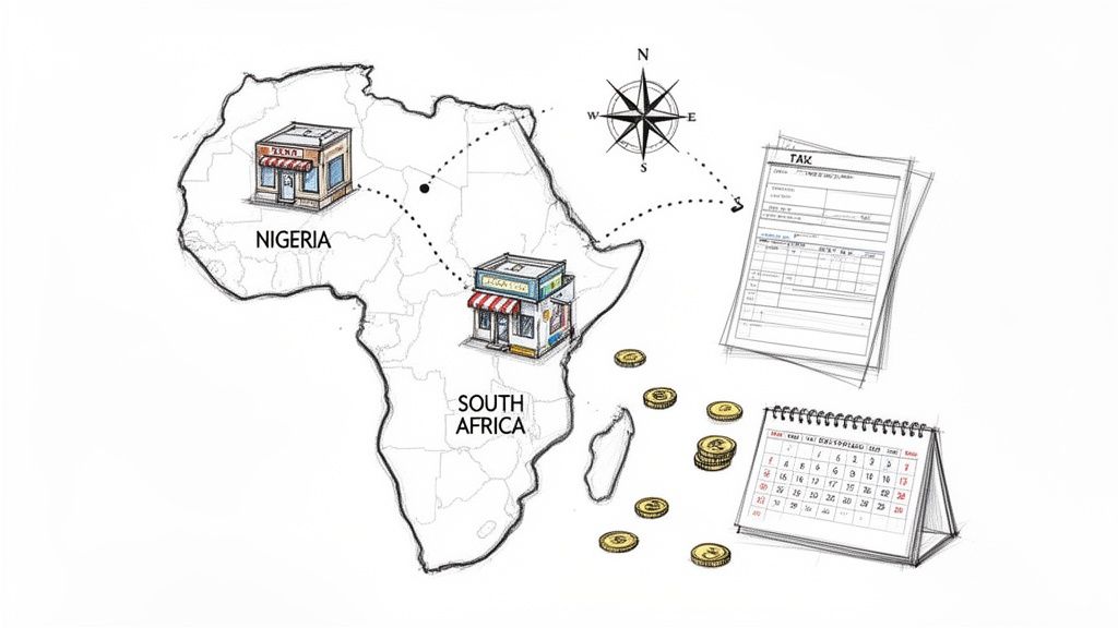 Illustration of small businesses in Nigeria and South Africa on an Africa map, with financial elements, taxes, and a calendar.