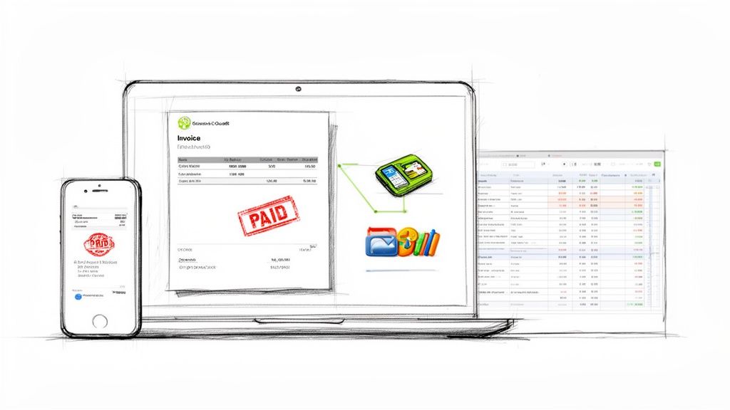 Digital invoice management solution across laptop, smartphone, and spreadsheet, with a 'PAID' stamp.
