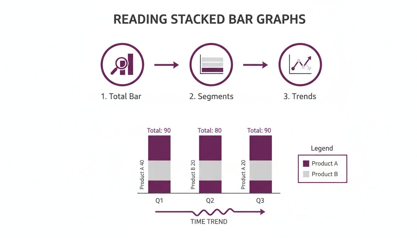 An instructional diagram on reading stacked bar graphs, detailing total bars, segments, and trends with a product sales example.
