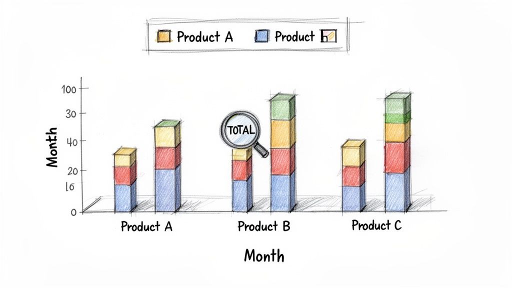 Hand-drawn stacked bar graph comparing product data over months with a magnifying glass showing 'TOTAL'.