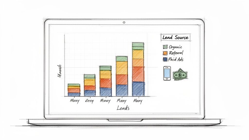 A hand-drawn sketch of a laptop displaying a stacked bar graph illustrating lead sources.