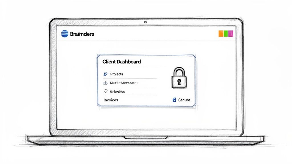 Hand-drawn sketch of a laptop screen displaying a client dashboard with secure features and a padlock icon.