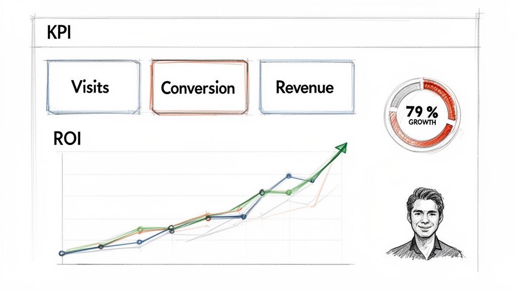 A sketch of a dashboard displaying KPI metrics like conversion, a rising ROI chart, and a 79% growth gauge.