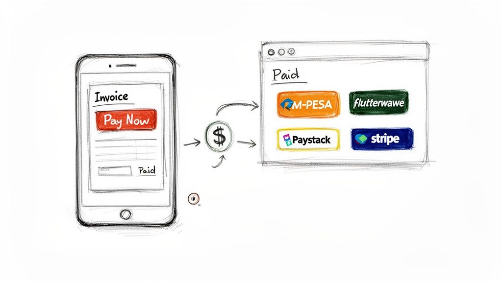 Hand-drawn illustration of a mobile invoice payment flow, showing various payment gateways like M-PESA, Paystack, Flutterwave, and Stripe.