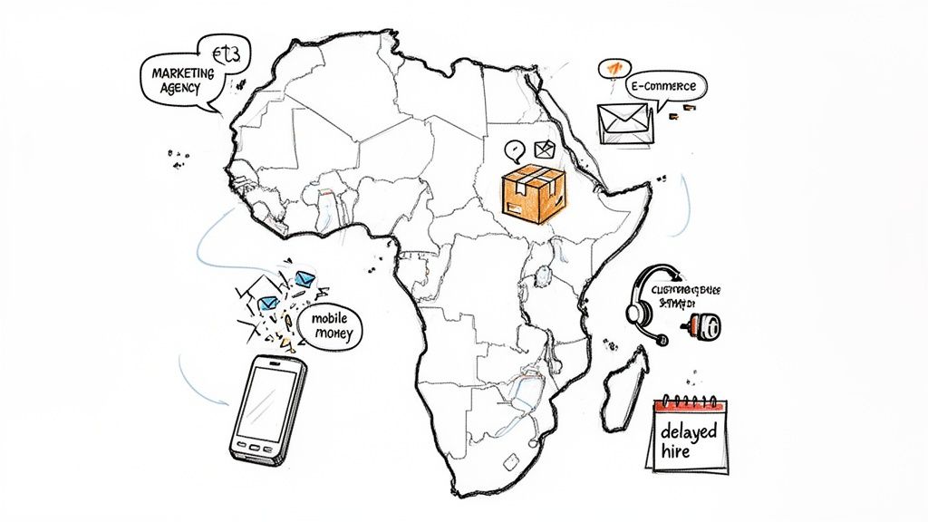A sketch of the African continent with various business elements like e-commerce, mobile money, and marketing agency services.
