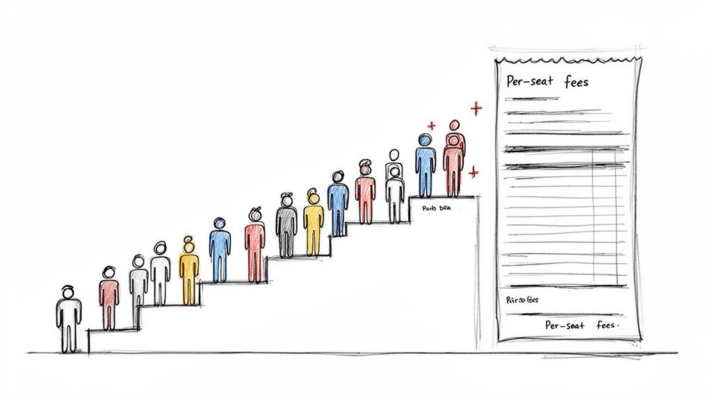 A drawing illustrating an increasing number of people on steps next to a bill detailing per-seat fees.