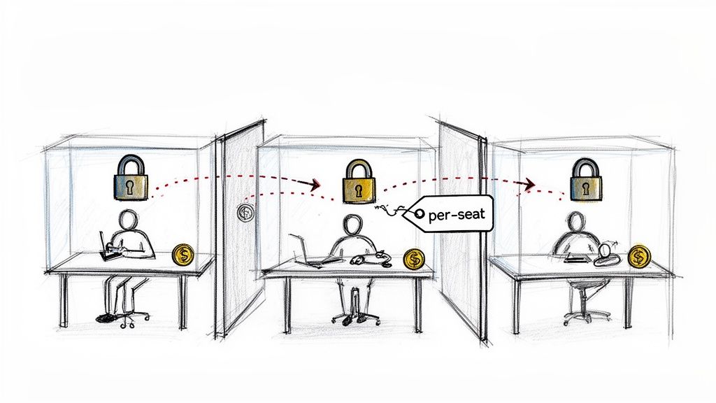 Illustration of three people in cubicles, each with a padlock and a 'per-seat' fee tag, depicting a software licensing model.